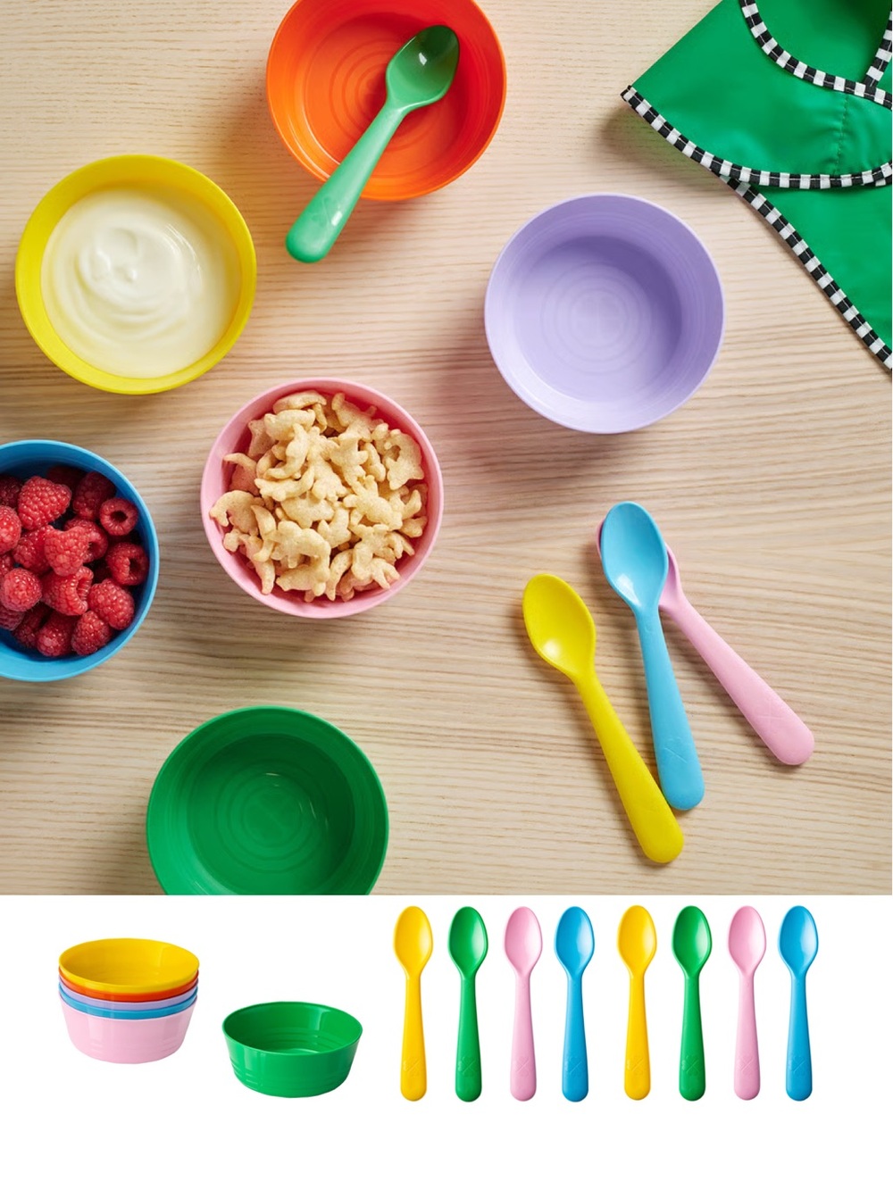 Colorful Bowls & Spoons Set - Yellow, Green, Blue, Pink, Purple, Orange